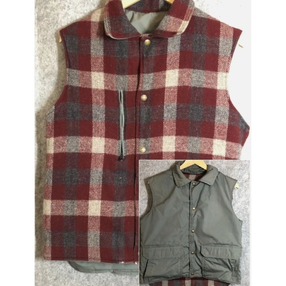 Woolrich Vest Mens Medium Red Plaid Wool Reversible Green Nylon Insulated Snap
